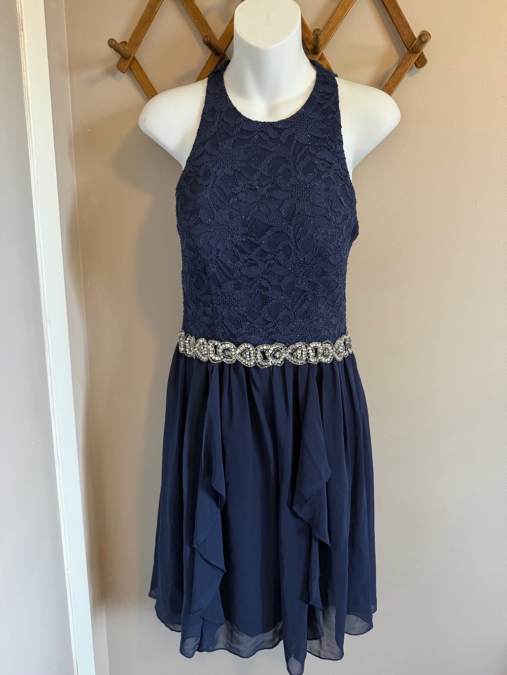 Le Chateau Navy Lace Sequin Y2K Whimsigoth Dress Size 7